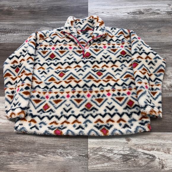 Eddie Bauer Quarter Zip White Pink Aztec Womens 2XL Ultra Soft Fleece Sweatshirt - Picture 2 of 8